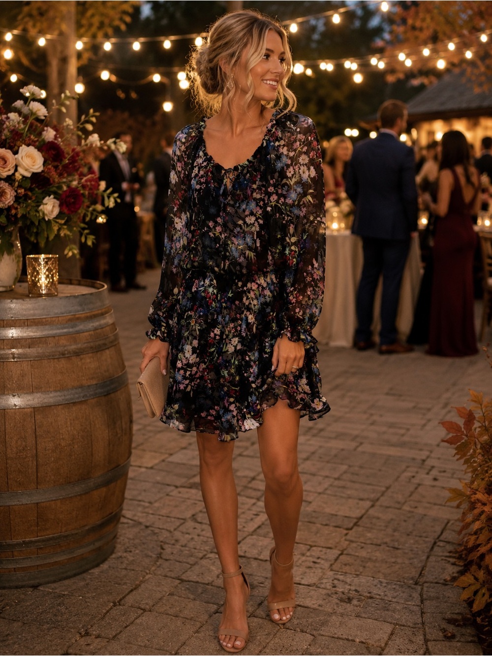 Parker Black Floral Long-Sleeve Ruffle Dress MSRP $168